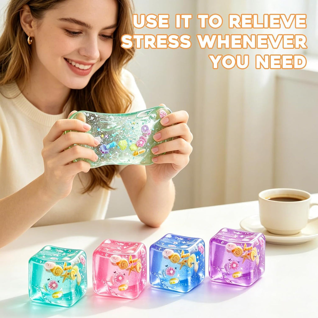 1Pc Squishy Stress Balls,Slow Rising Sensory Fidget Toy with Marine Shells Inside Square Soft Sensory Anxiety Relief Squeeze Cube for Adults Teens Kids(Green)