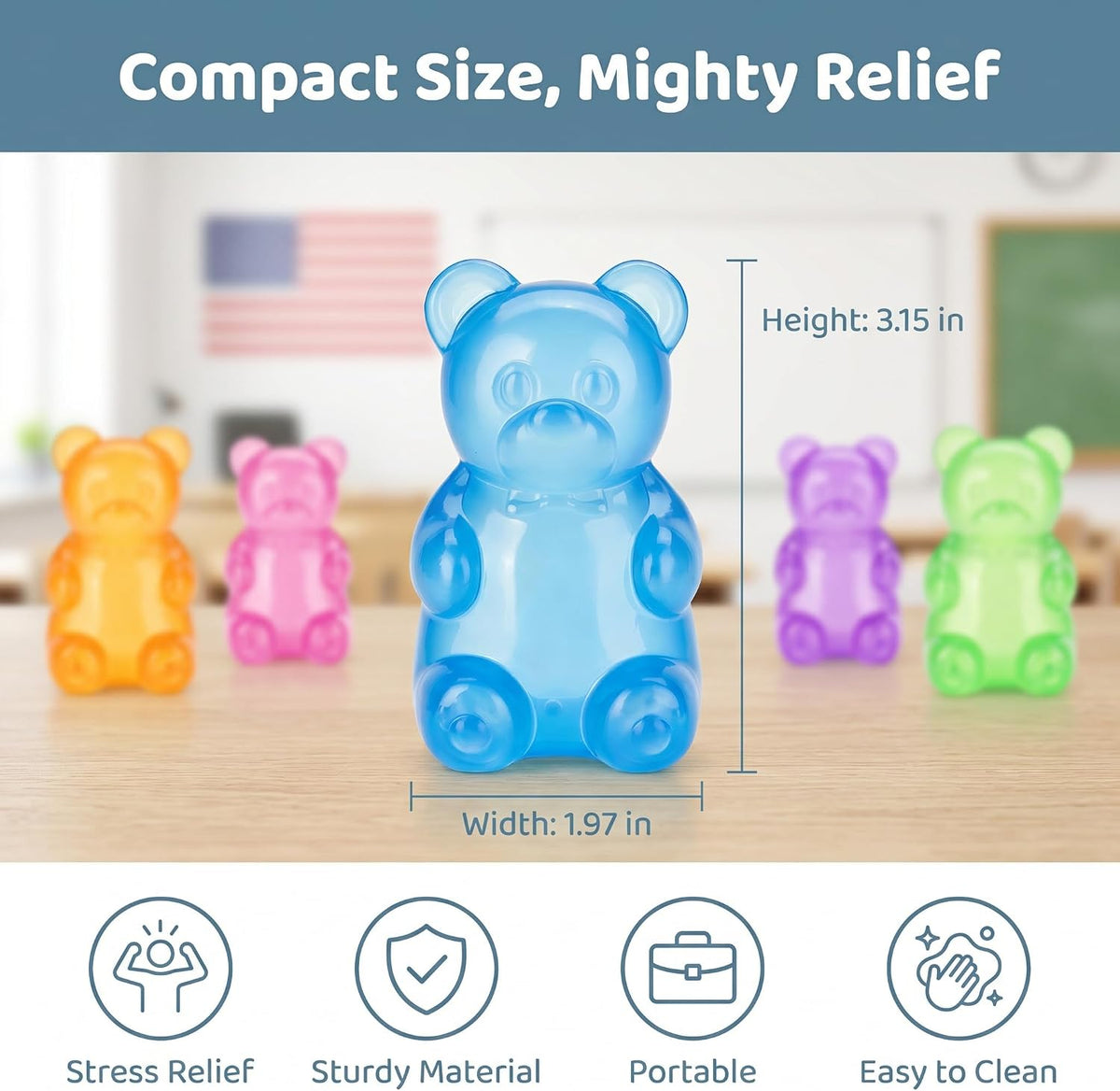 Gummy Bear Squishy Toys, Squeeze Fidget Toys for Kids and Adults- Blue
