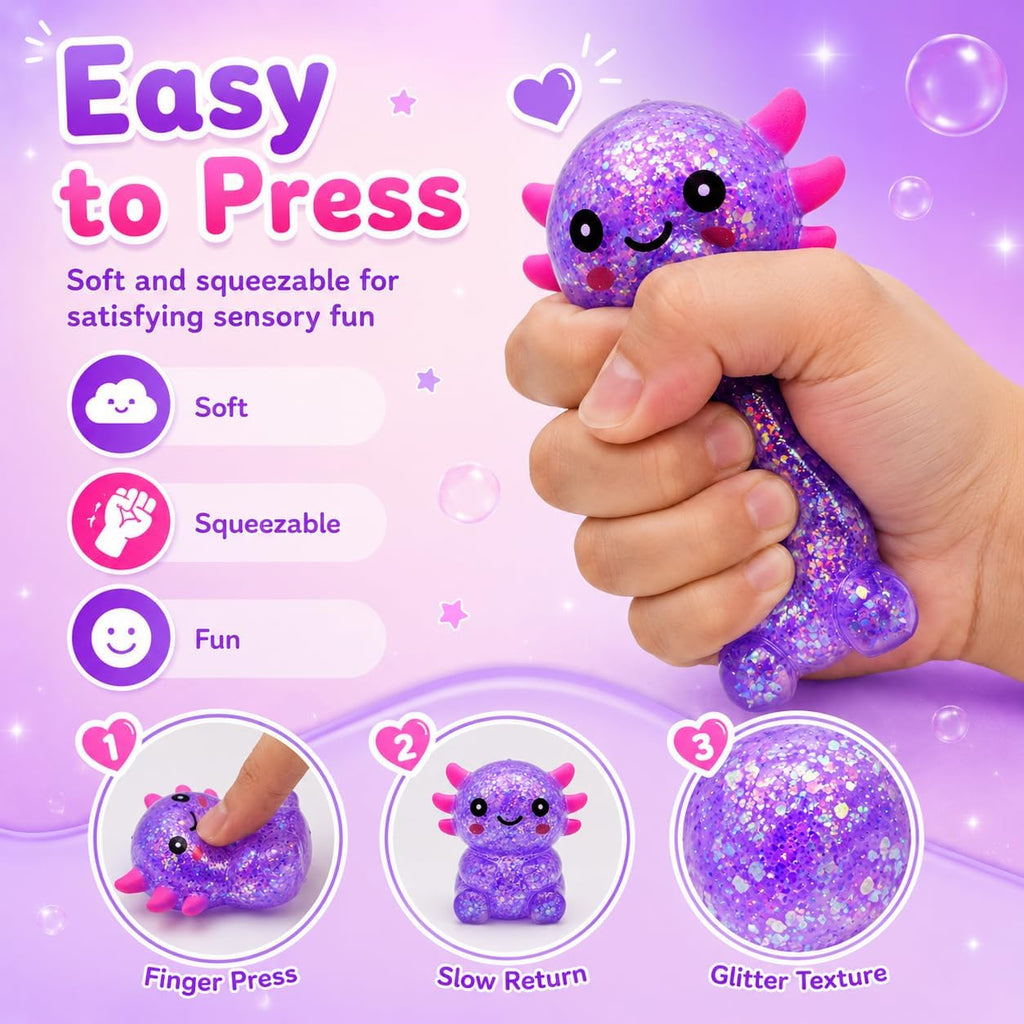 Axolotl Squishy Toy, Cute Glitter Stress Relief Squeeze Toy for Kids & Adults, Soft Sensory Fidget Toy for Stress Relief, Party Favors, Seated Axolotl (Purple)