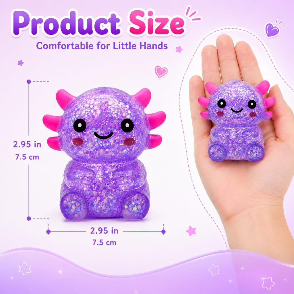 Axolotl Squishy Toy, Cute Glitter Stress Relief Squeeze Toy for Kids & Adults, Soft Sensory Fidget Toy for Stress Relief, Party Favors, Seated Axolotl (Purple)