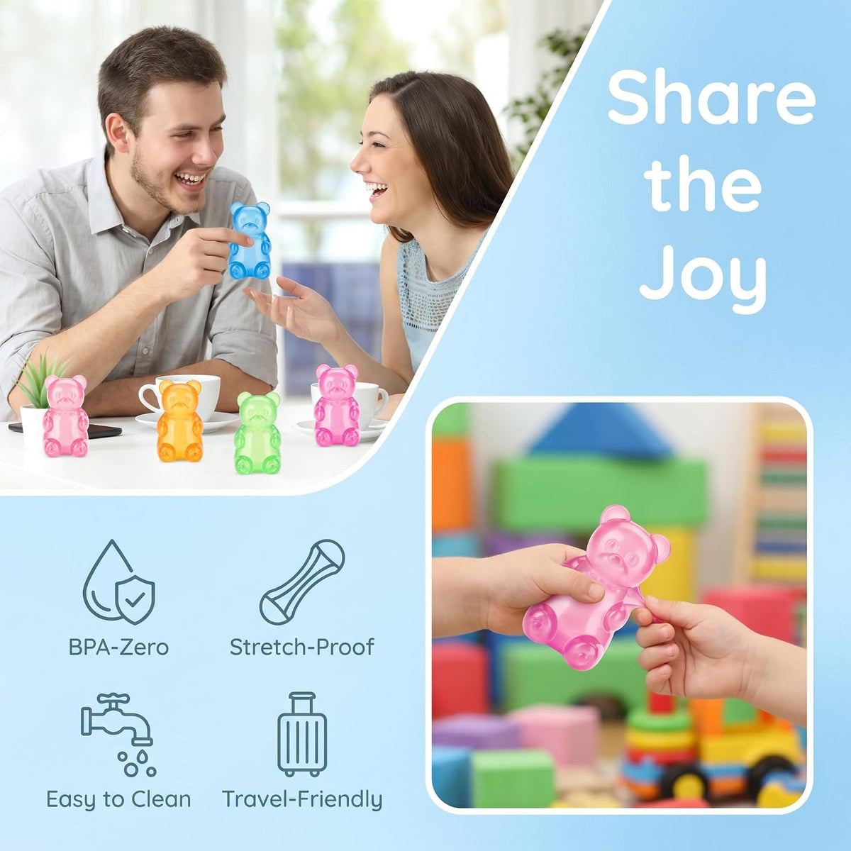 Gummy Bear Squishy Toys, Squeeze Fidget Toys for Kids and Adults- Blue