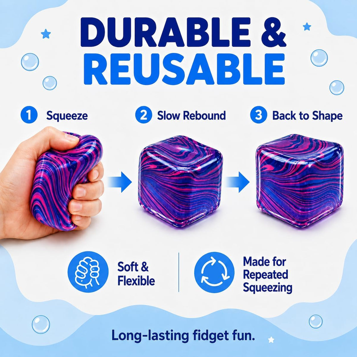 Stress Cube Fidget Toy, Sugar Ball Squishy Cube for Kids Adults, Soft Squishies Stress Relief Sensory Toy for Autism, Classroom Prize Toy Party Favor（5.0 Flow Purple）