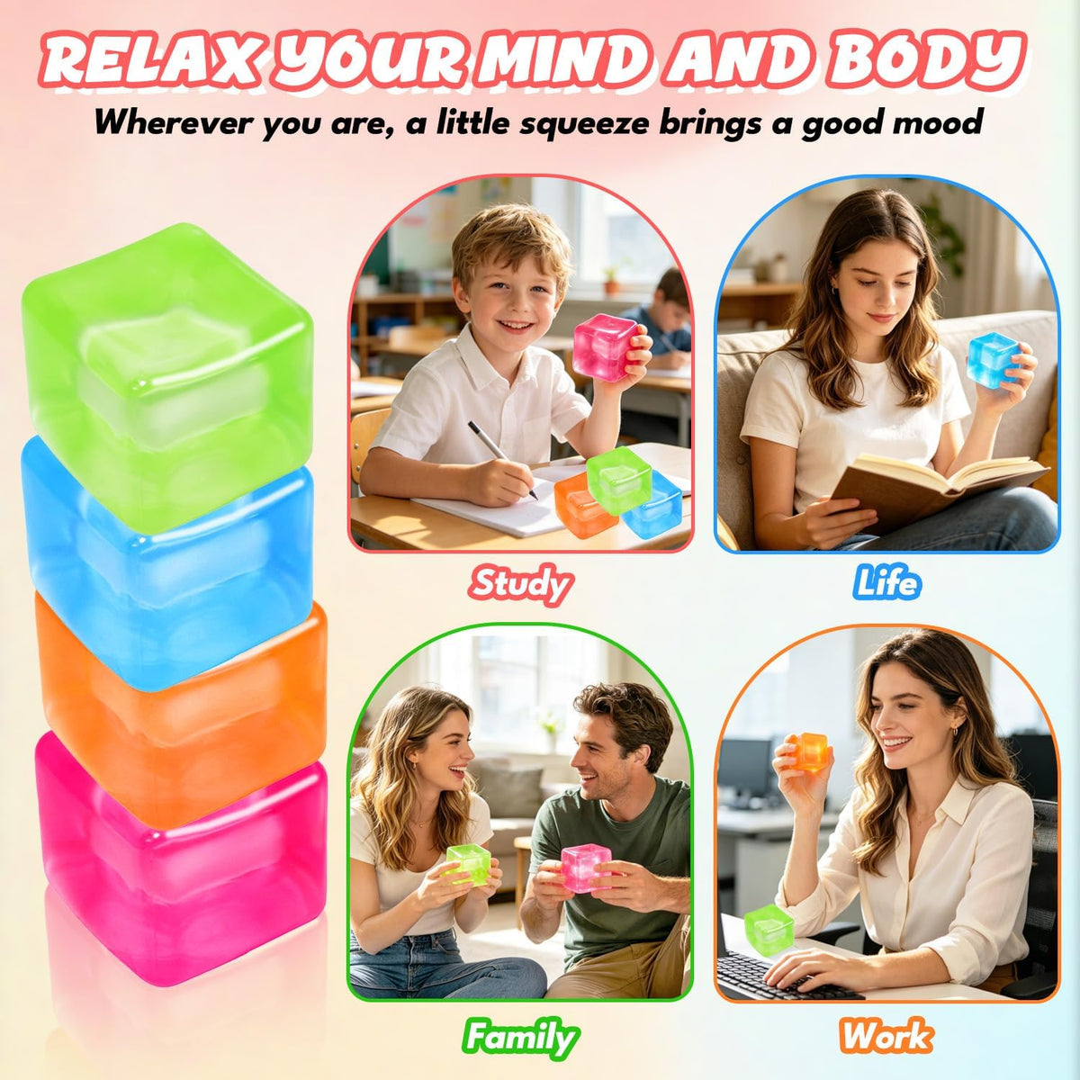 Fidget Toy Stress Cube, Slow Rising Squishy Cube, Anxiety Relief Stress Balls for Kids Adults Teens, Classroom Prize & Party Favor Stress Balls (Bule)