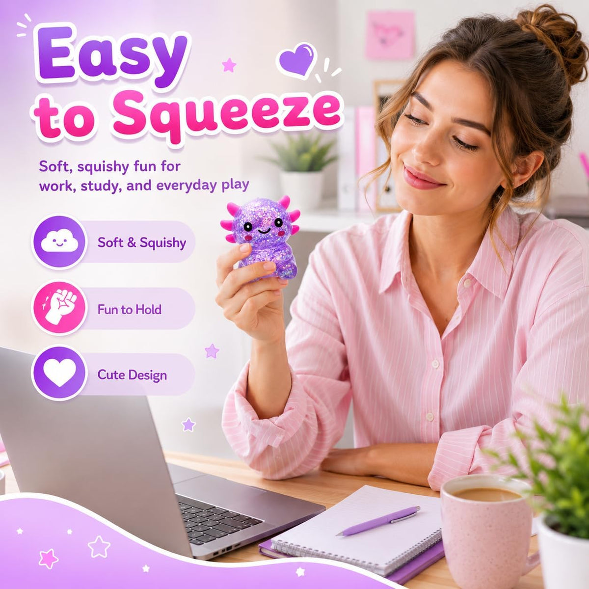 Axolotl Squishy Toy, Cute Glitter Stress Relief Squeeze Toy for Kids & Adults, Soft Sensory Fidget Toy for Stress Relief, Party Favors, Seated Axolotl (Purple)