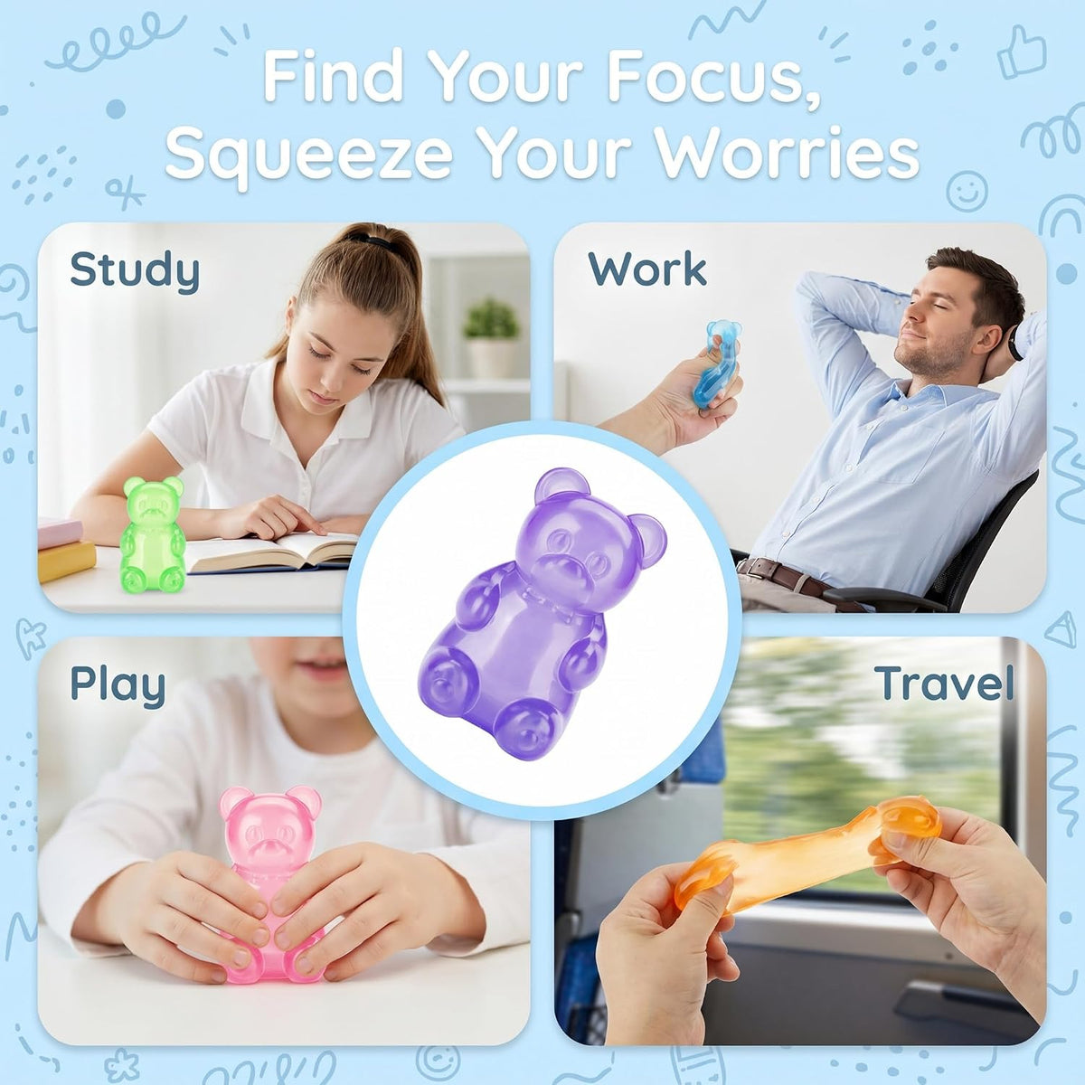 Gummy Bear Squishy Toys, Squeeze Fidget Toys for Kids and Adults- Blue