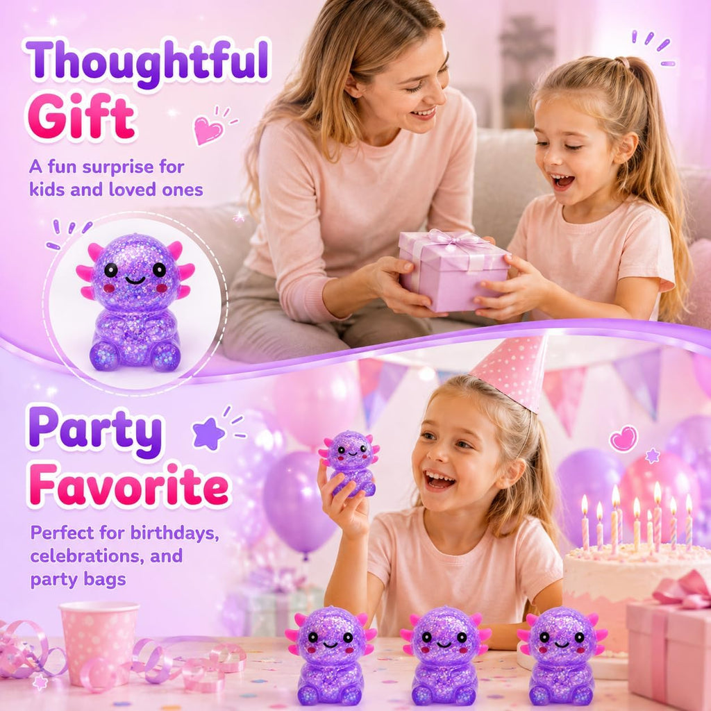 Axolotl Squishy Toy, Cute Glitter Stress Relief Squeeze Toy for Kids & Adults, Soft Sensory Fidget Toy for Stress Relief, Party Favors, Seated Axolotl (Purple)
