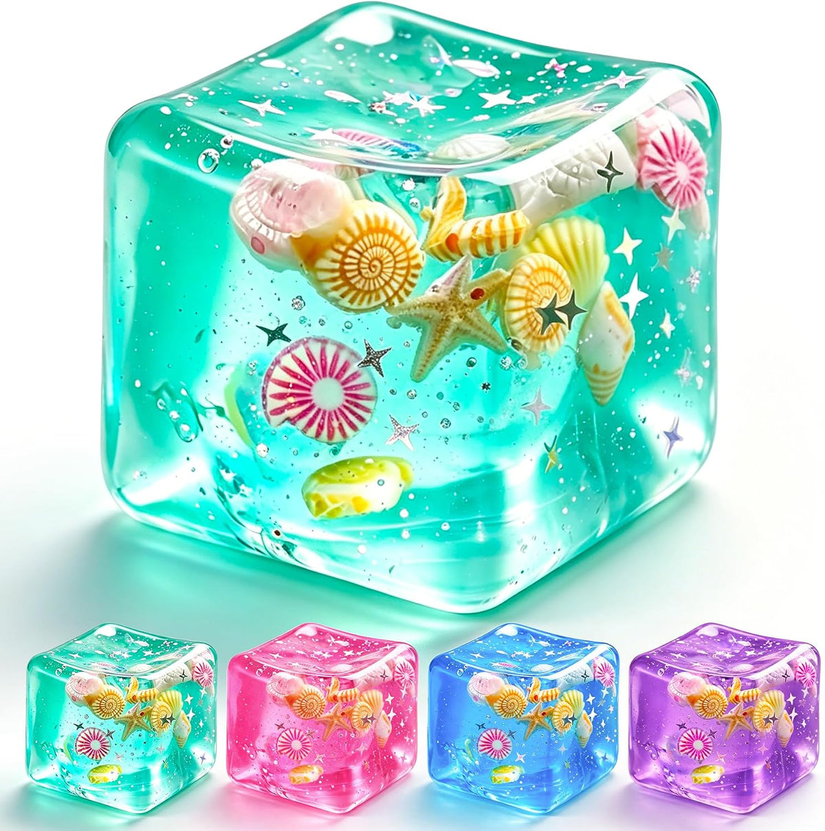 1Pc Squishy Stress Balls,Slow Rising Sensory Fidget Toy with Marine Shells Inside Square Soft Sensory Anxiety Relief Squeeze Cube for Adults Teens Kids(Green)