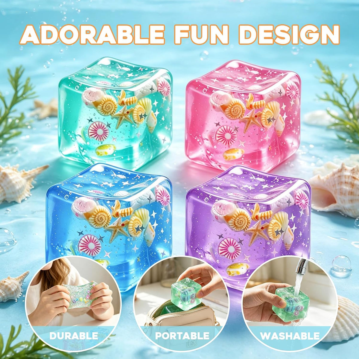 1Pc Squishy Stress Balls,Slow Rising Sensory Fidget Toy with Marine Shells Inside Square Soft Sensory Anxiety Relief Squeeze Cube for Adults Teens Kids(Green)