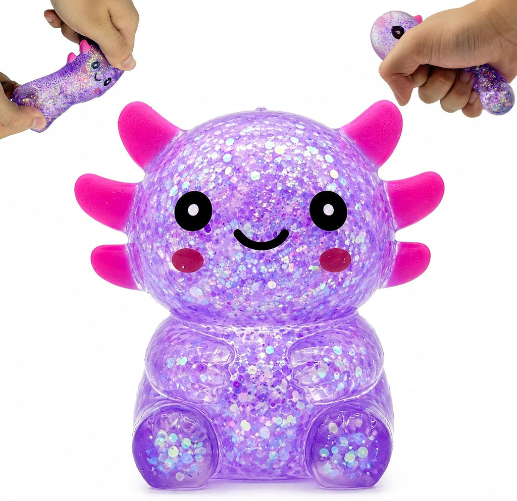 Axolotl Squishy Toy, Cute Glitter Stress Relief Squeeze Toy for Kids & Adults, Soft Sensory Fidget Toy for Stress Relief, Party Favors, Seated Axolotl (Purple)