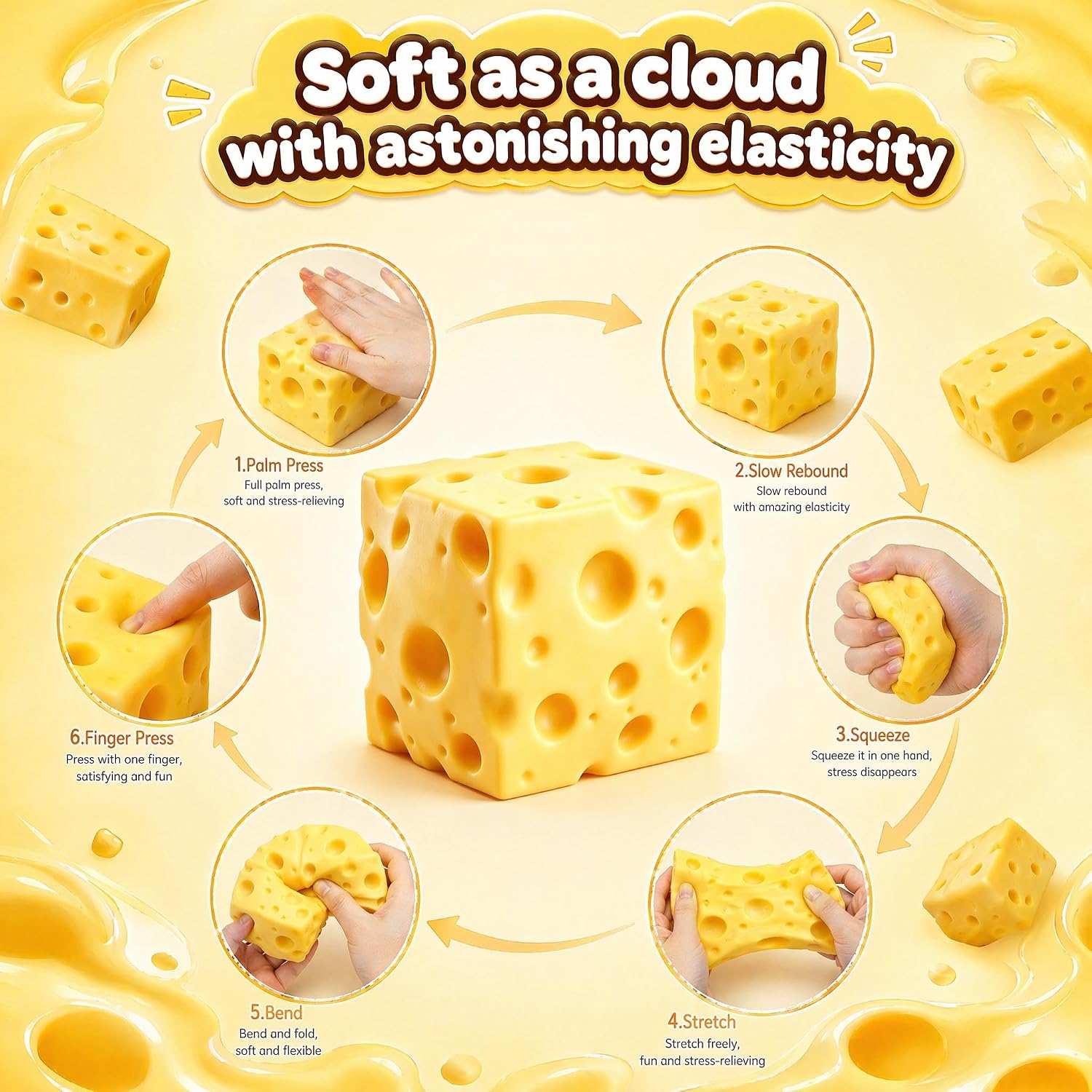 Giant Cheese Toy Realistic Design Cheese Smooth Bouncy Soft Rubber for Adult and Child Stress Relief Sensory Toy Gift Prize