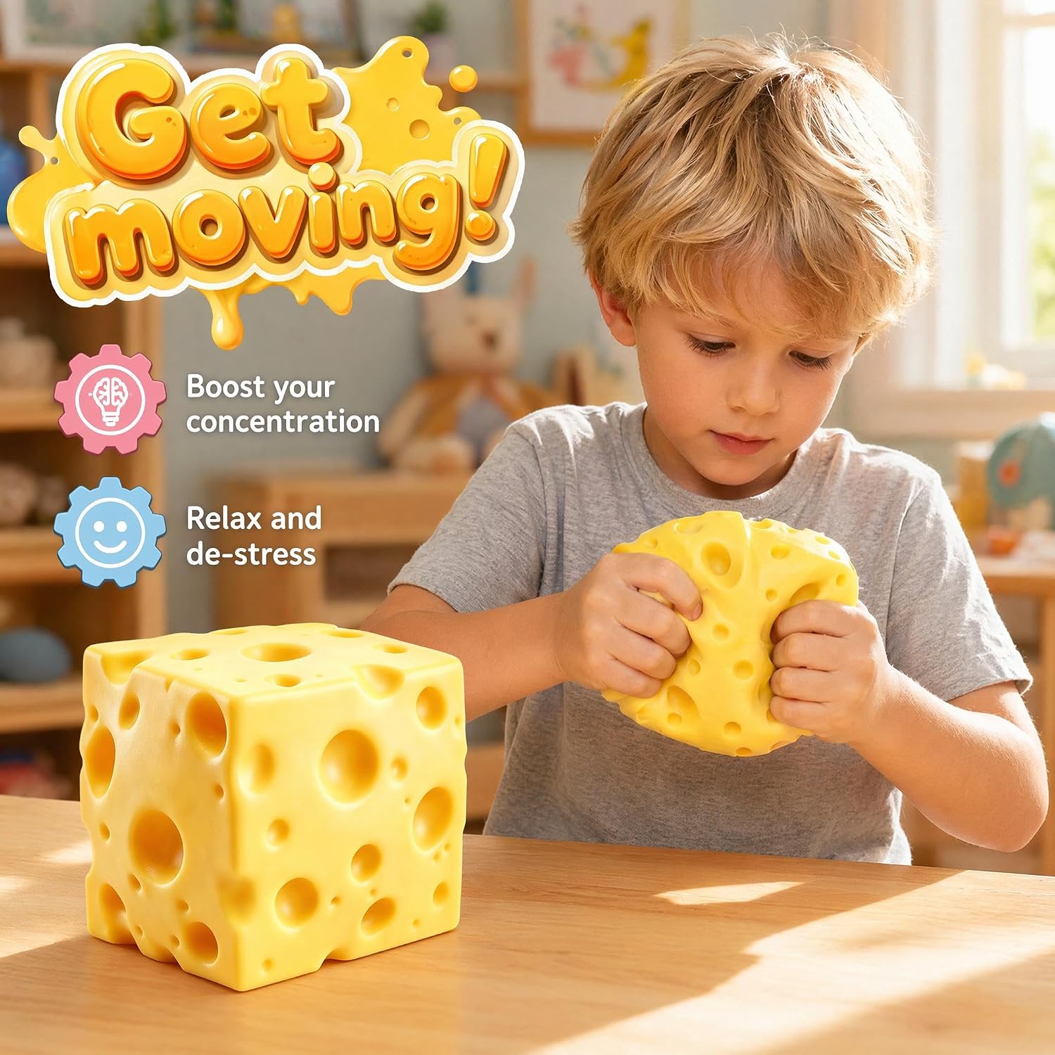 Giant Cheese Toy Realistic Design Cheese Smooth Bouncy Soft Rubber for Adult and Child Stress Relief Sensory Toy Gift Prize
