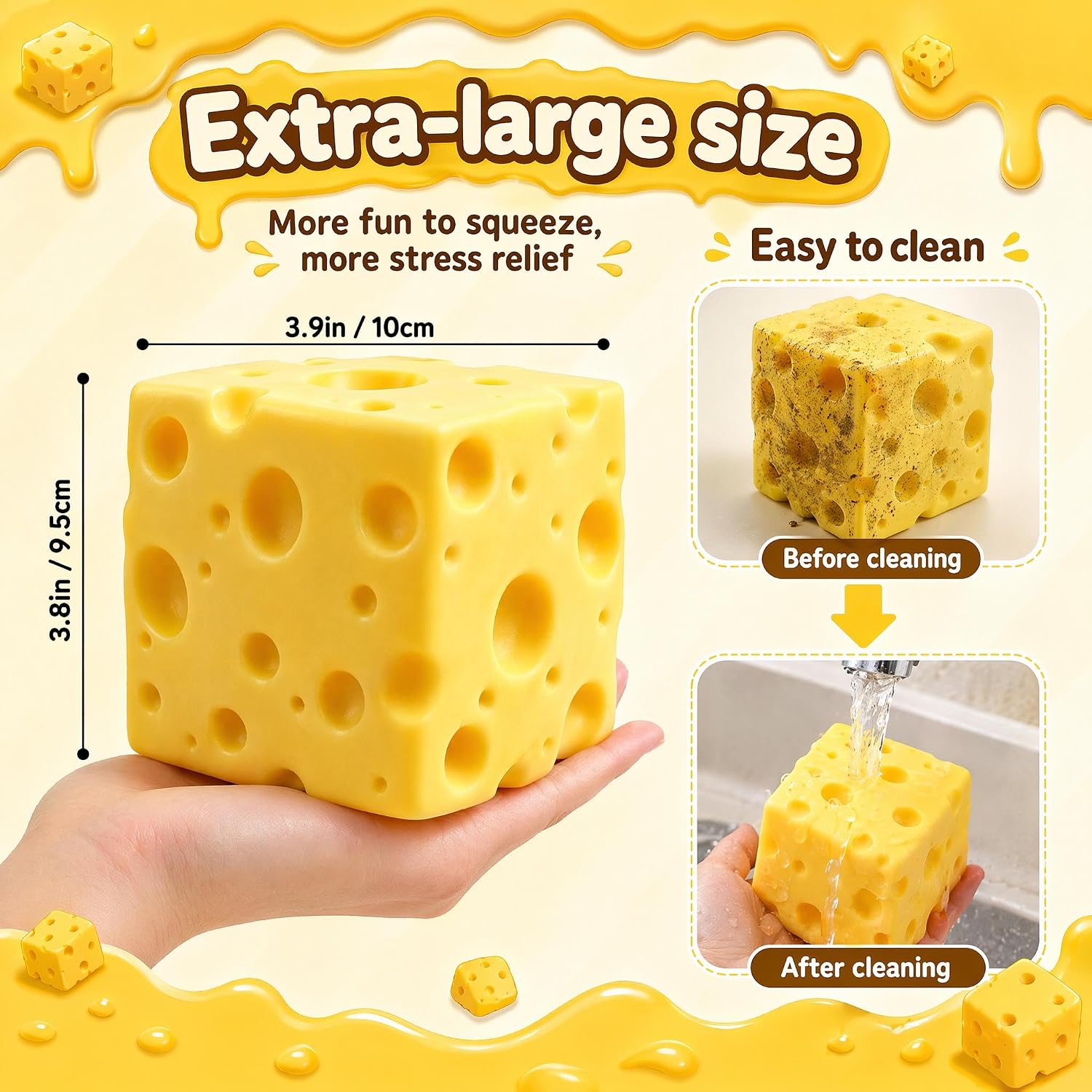 Giant Cheese Toy Realistic Design Cheese Smooth Bouncy Soft Rubber for Adult and Child Stress Relief Sensory Toy Gift Prize