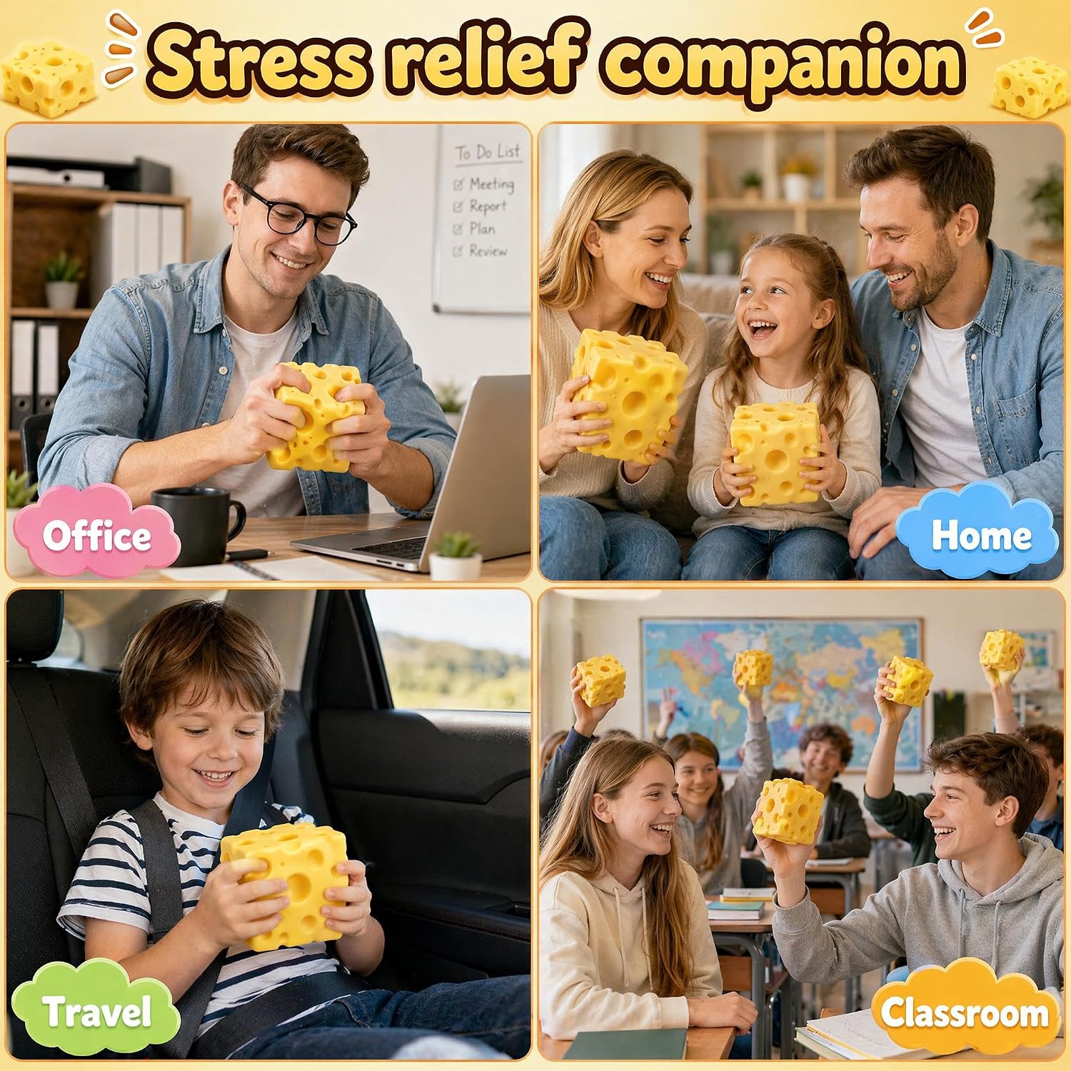 Giant Cheese Toy Realistic Design Cheese Smooth Bouncy Soft Rubber for Adult and Child Stress Relief Sensory Toy Gift Prize