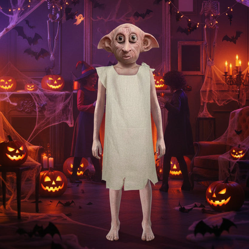 Dobby Costume Mask Elf Funny Halloween Party Cosplay Elf Ears Full Head Props Kids Cos Mask and Costume Full Set Decoration