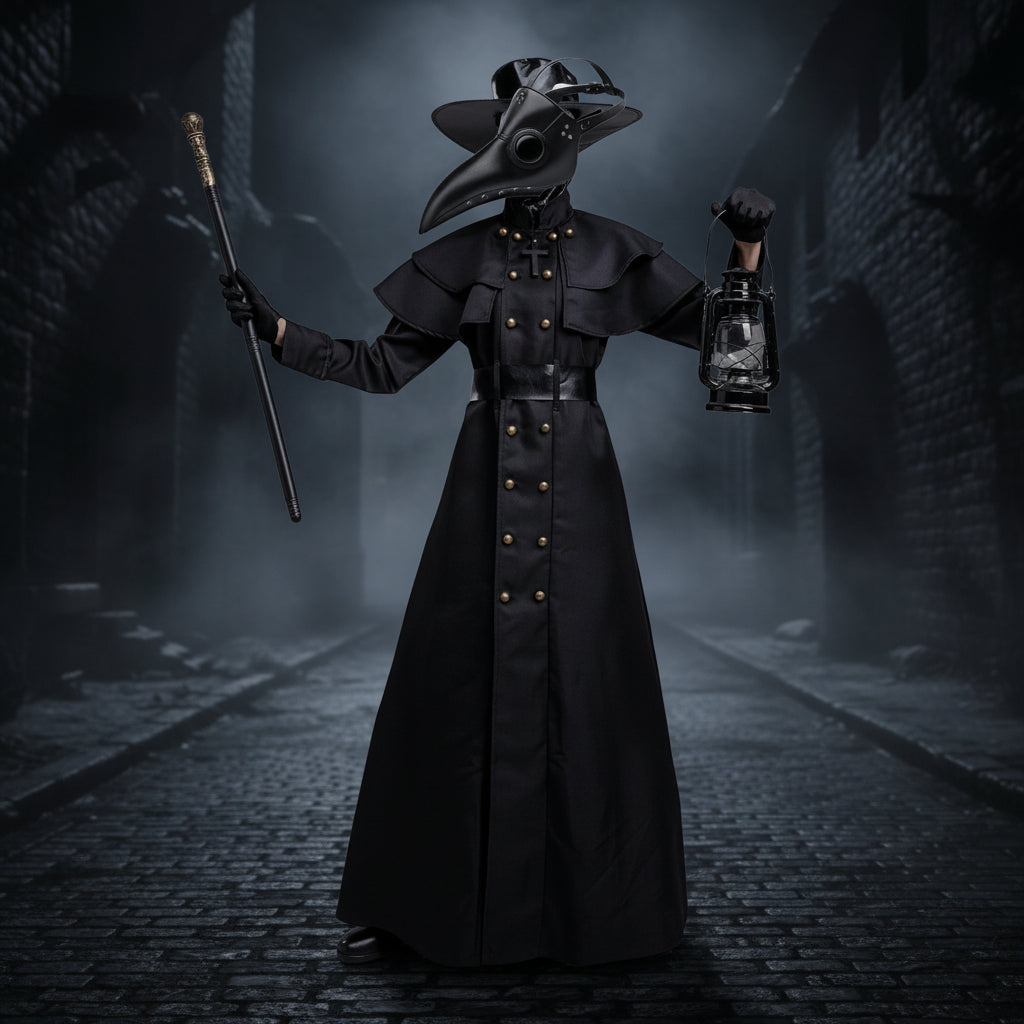 Halloween Plague Doctor Cosplay Hooded Robe Medieval Steampunk Priest Horror Wizard Cloak Cape With Long Nose Beak Leather Masks