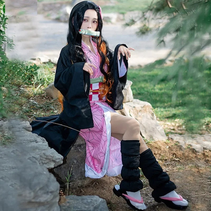 Adult Kids Anime Kamado Nezuko Costume Cosplay Earrings Figure Mask Keychain Shoes Wig Tooth Woman Girl Kimono Gift