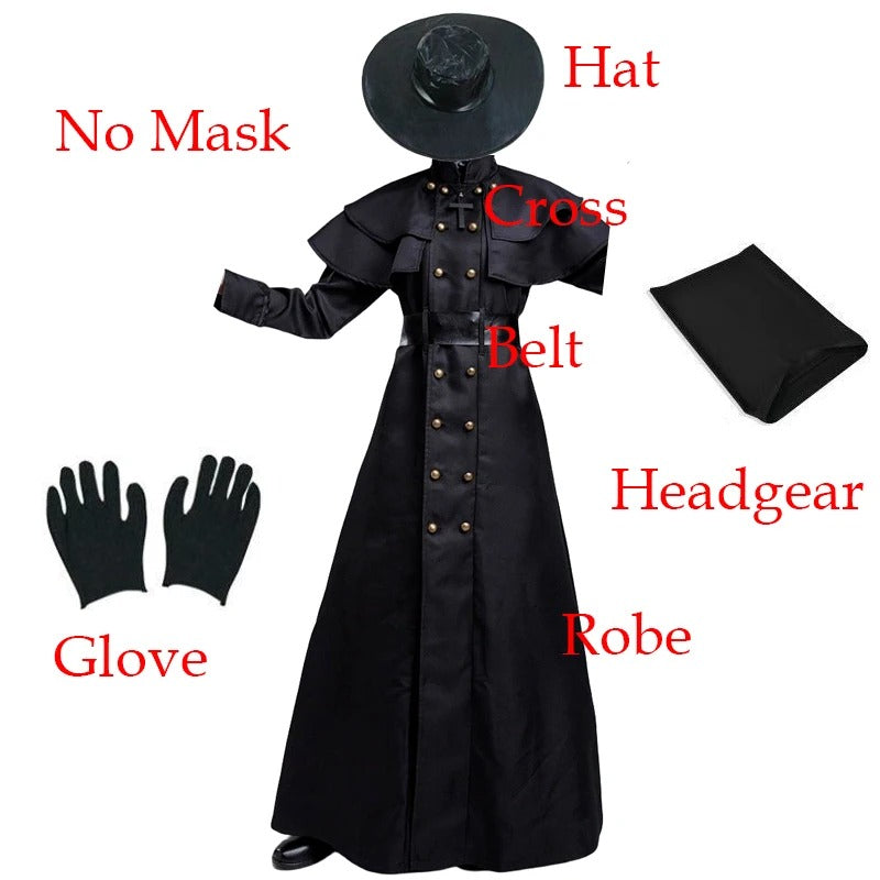 Halloween Plague Doctor Cosplay Hooded Robe Medieval Steampunk Priest Horror Wizard Cloak Cape With Long Nose Beak Leather Masks