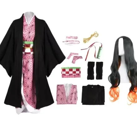 Adult Kids Anime Kamado Nezuko Costume Cosplay Earrings Figure Mask Keychain Shoes Wig Tooth Woman Girl Kimono Gift