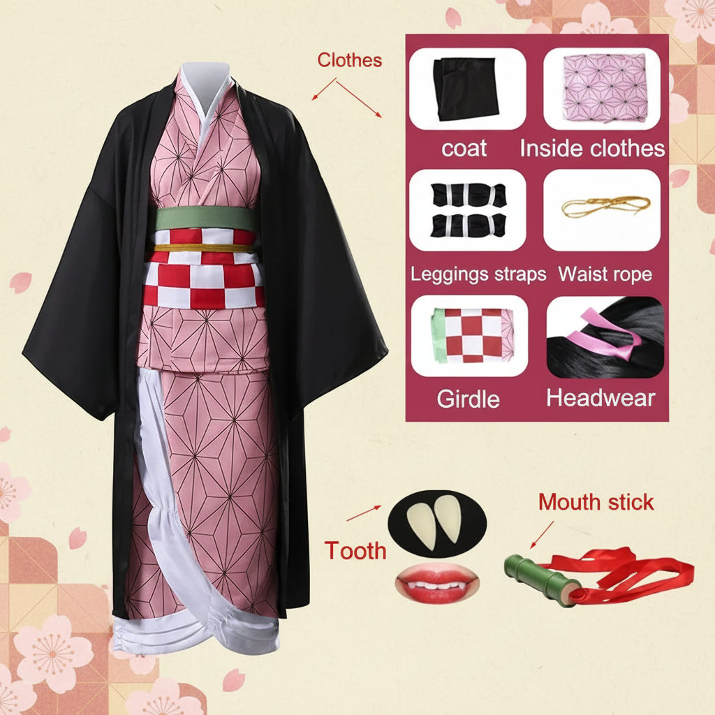 Adult Kids Anime Kamado Nezuko Costume Cosplay Earrings Figure Mask Keychain Shoes Wig Tooth Woman Girl Kimono Gift