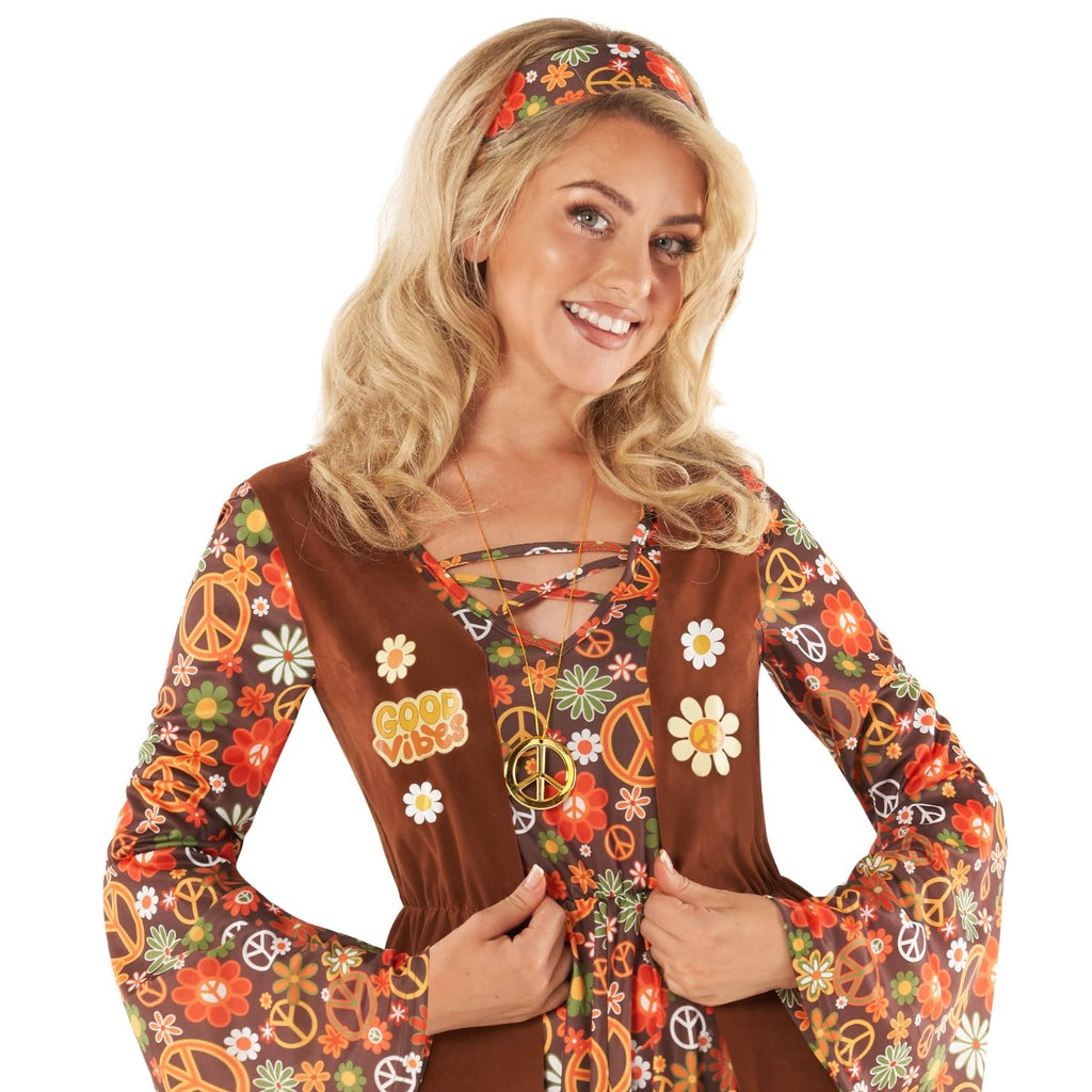 Womens Long Hippie Dress 60s Costume Brown