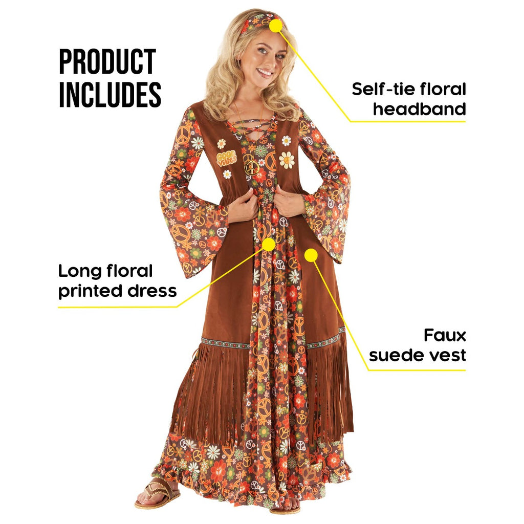 Womens Long Hippie Dress 60s Costume Brown