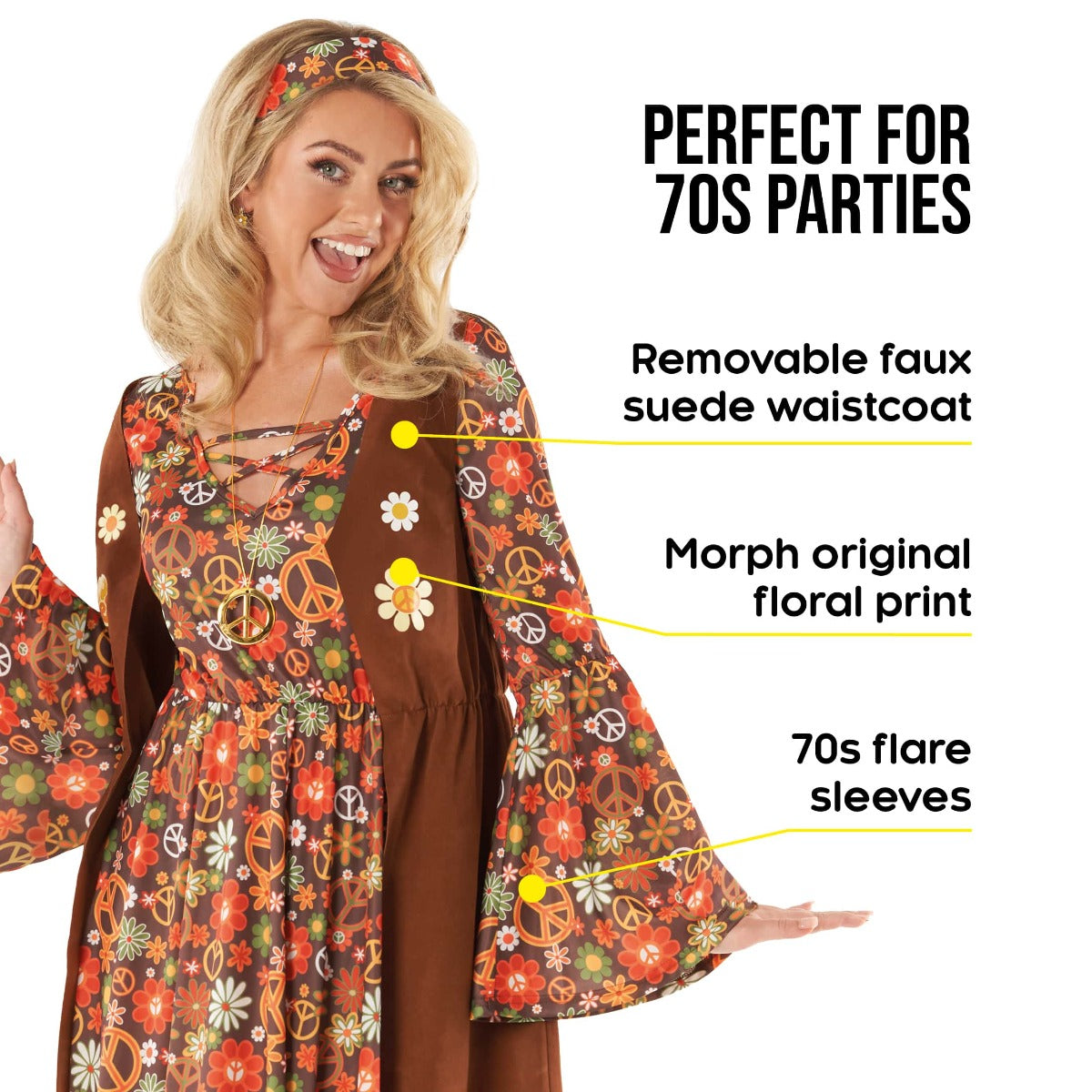 Womens Long Hippie Dress 60s Costume Brown