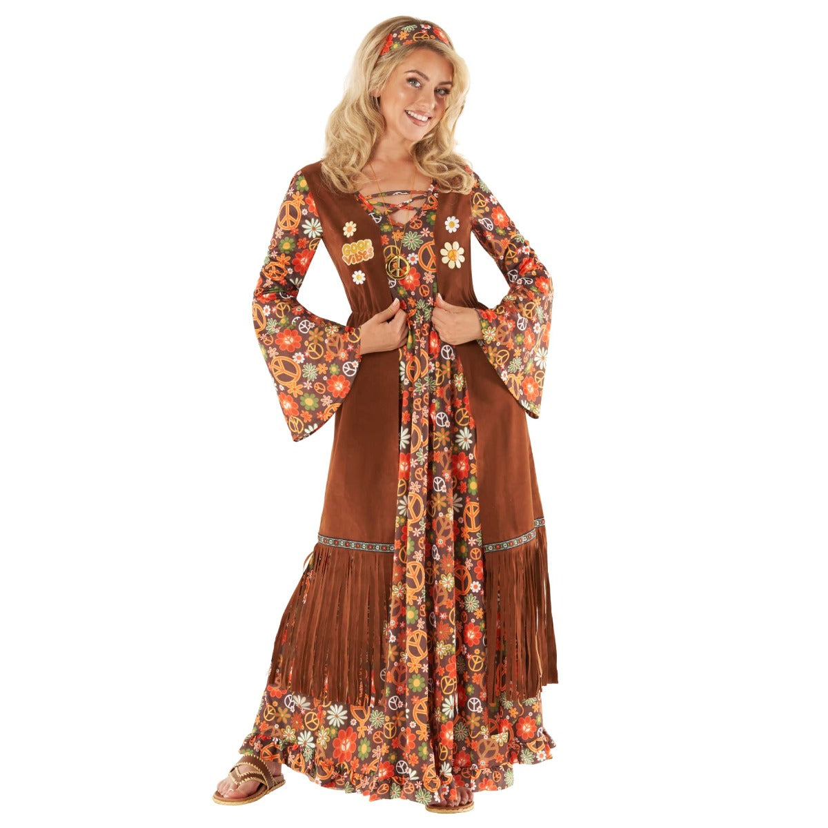 Womens Long Hippie Dress 60s Costume Brown