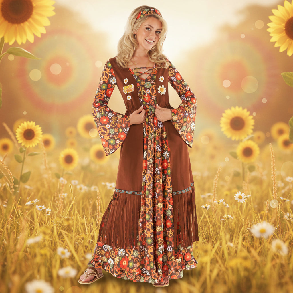 Womens Long Hippie Dress 60s Costume Brown