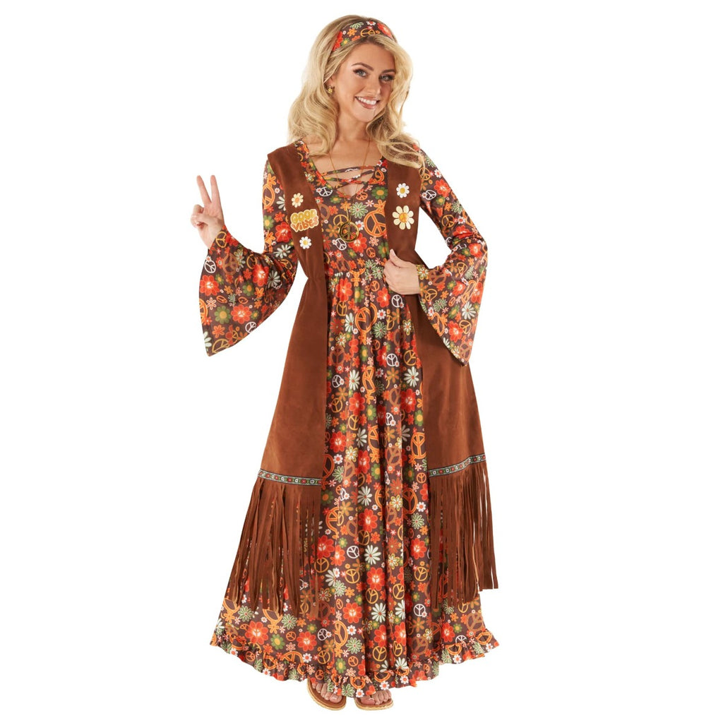 Womens Long Hippie Dress 60s Costume Brown